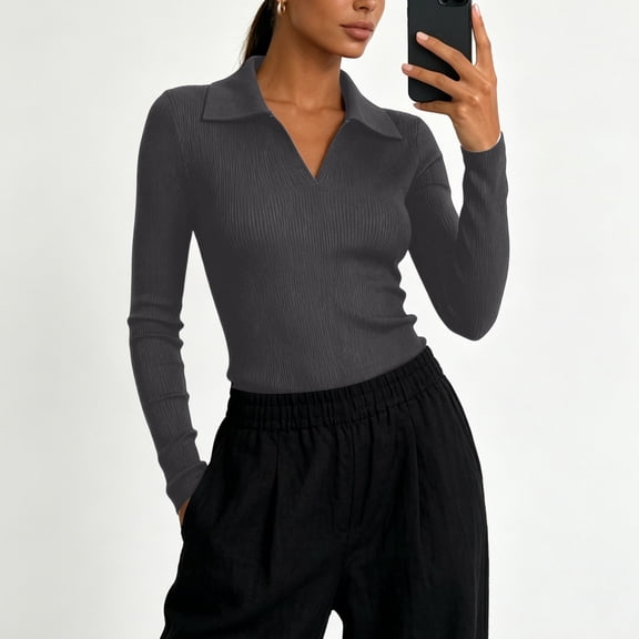Shihyeh Women's Casual Solid Color Long Sleeve V Neck Blouse Tunic Top