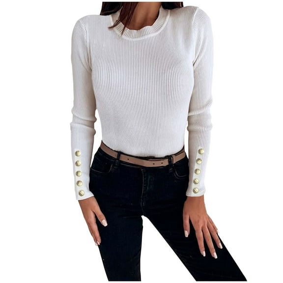 DeHolifer Sweaters for Women Crewneck Long Sleeve Solid Color Ribbed Knit Sweaters Loose Casual Blouse Tops White M