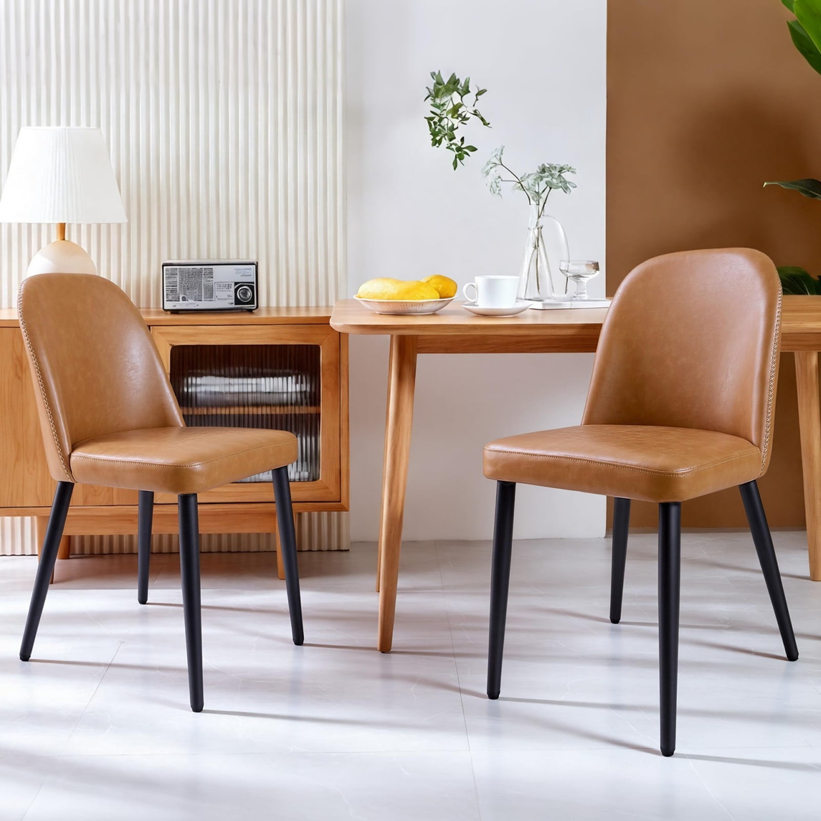 Brown Leather Dining Chairs Set of 2, Modern Upholstered Armless Kitchen Chairs with Metal Legs, Ergonomic Side Chairs for Dining Room, Restaurant, Living Room & Meeting Room