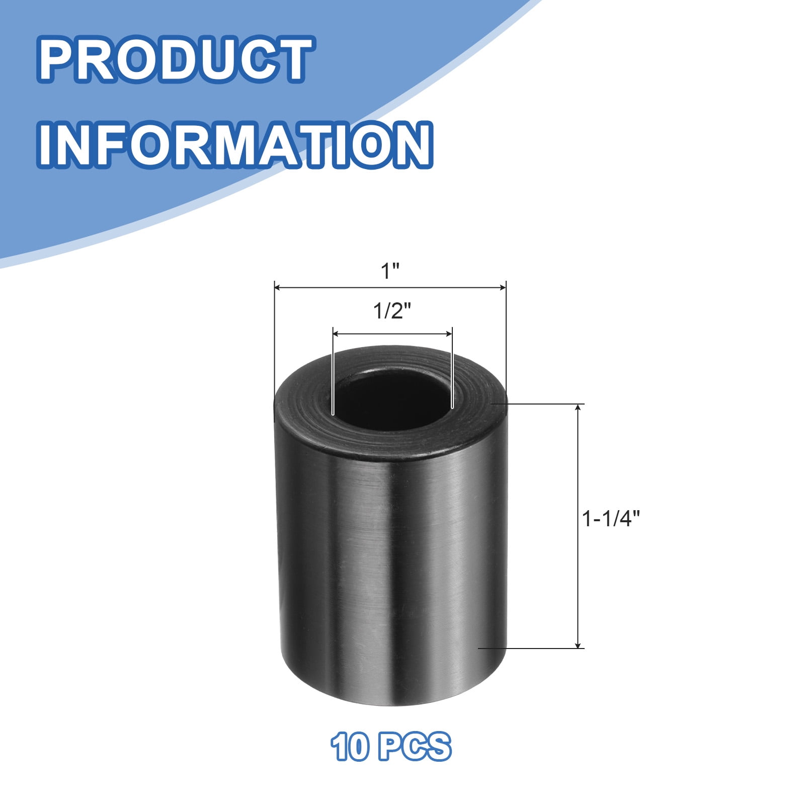 Uxcell 10 Pcs Aluminum Spacer, 1/2" Bore x 1" OD x 1-1/4" Length Black Round Spacer Unthreaded Standoff Bushing Plain Finish Metal Spacers
