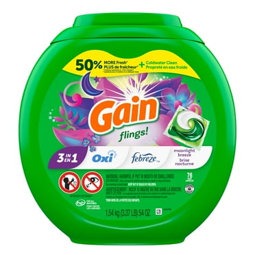 Gain Flings Laundry Detergent Pacs, Moonlight Breeze Scent, with Odour Defense, concentrated laundry soap pacs, 76 Count