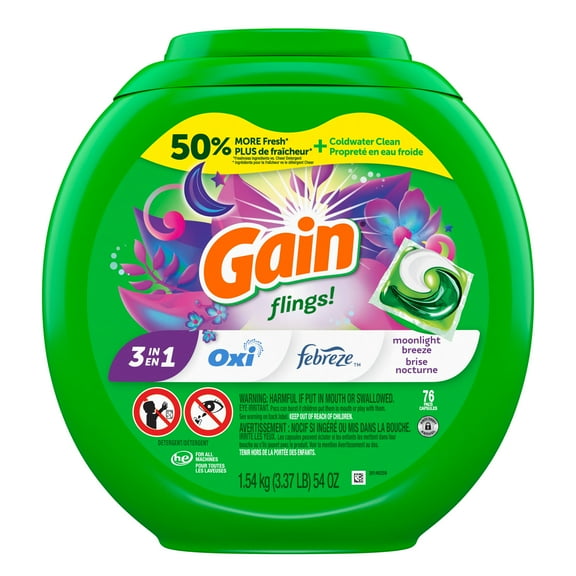Gain Flings Laundry Detergent Pacs, Moonlight Breeze Scent, with Odour Defense, concentrated laundry soap pacs, 76 Count