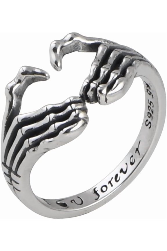 S925 Sterling Silver Skull Hand Rings for Women Men Gold Vintage Retro Punk Gothic Skeleton Adjustable Open Love Heart Shaped Statement Ring Rock Biker Day of The Dead Mens Jewelry Gifts