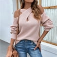 thumbnail image 2 of Suéter de punto con mangas abullonadas y cuello cruzado con hombros descubiertos de color sólido para otoño e invierno para mujer, 2 of 6