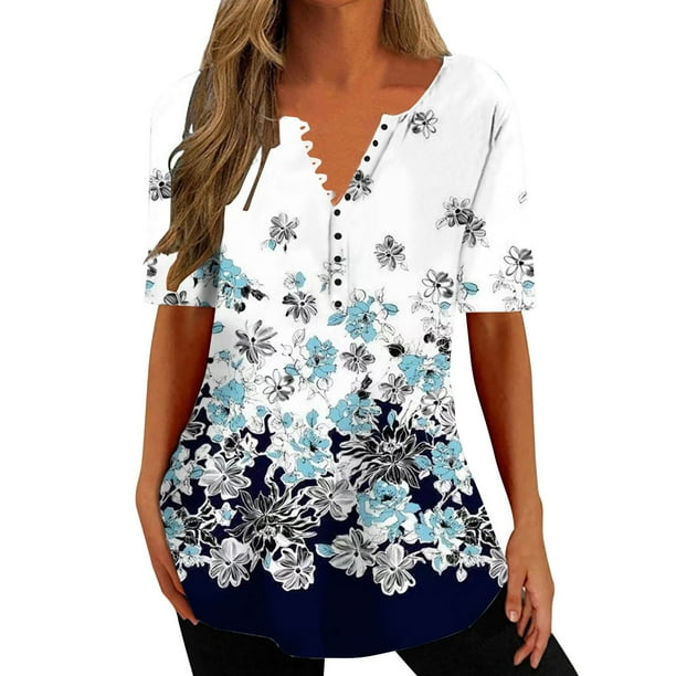 Gibobby Camiseta de Manga Corta con Cuello en V Camisas verano para mujer, camisetas manga corta con cuello en V estampado 2023, camisetas con estampado floral, tú(Blanco,G)