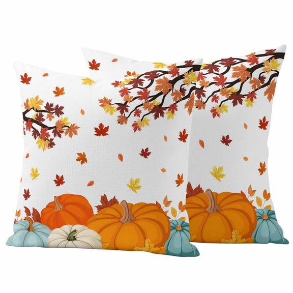 Outdoor Pillow Covers 16 x 16 Inches, Thanksgiving Waterproof Throw Pillow Cover Set of 2, Fall Maple Leaf Orange Teal Blue Pumpkin Decorative Square Cushion Covers for Patio/Tent/Couch/Garden