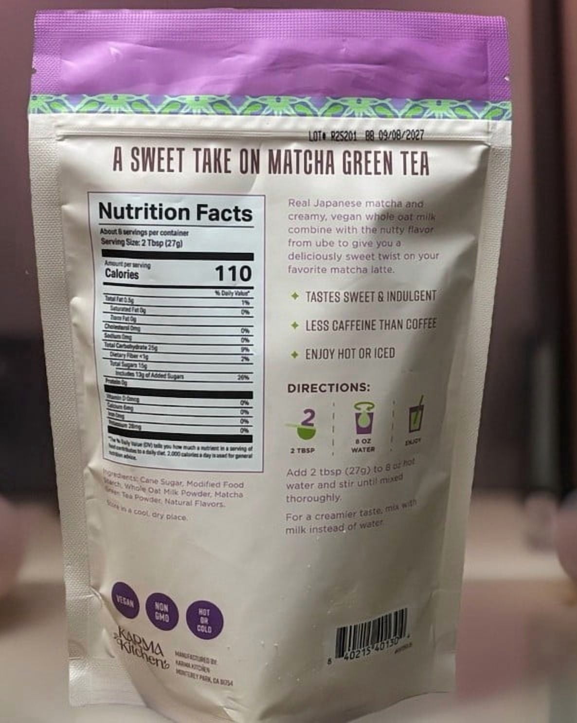 Karma Kitchen Ube Matcha Latte Mix with Whole Oat Milk, Japanese Barista-Style, Vegan, Just Add Water, Sweet & Nutty Flavor, 7.5 oz