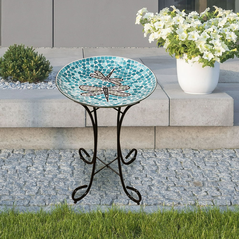 Alpine Corporation 24" Tall Outdoor Mosaic Dragonfly Glass Birdbath