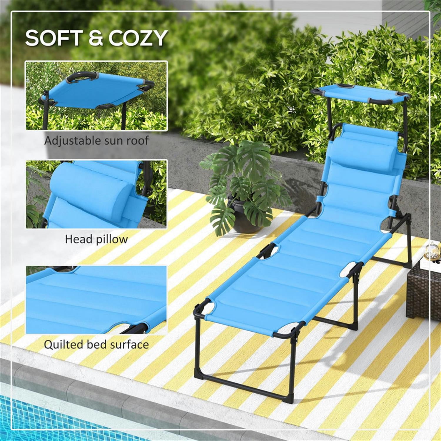 Demi Bonn Outdoor Folding Lounger with 4-Position Reclining, Pillow & Sun Canopy for Relaxing Patio, Deck, Comfortable Sun Protection Seating, Blue
