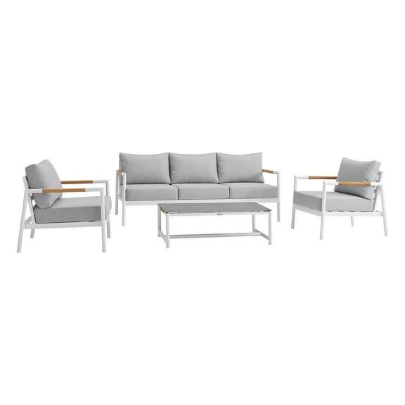 Crown Aluminum and Teak Wood Outdoor Sofa in White and Gray