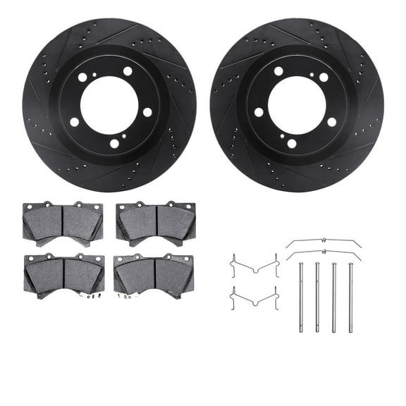 Dynamic Friction Company Front Brake Rotors-Drilled and Slotted-Black with Heavy Duty Brake Pads includes Hardware 8212-76005