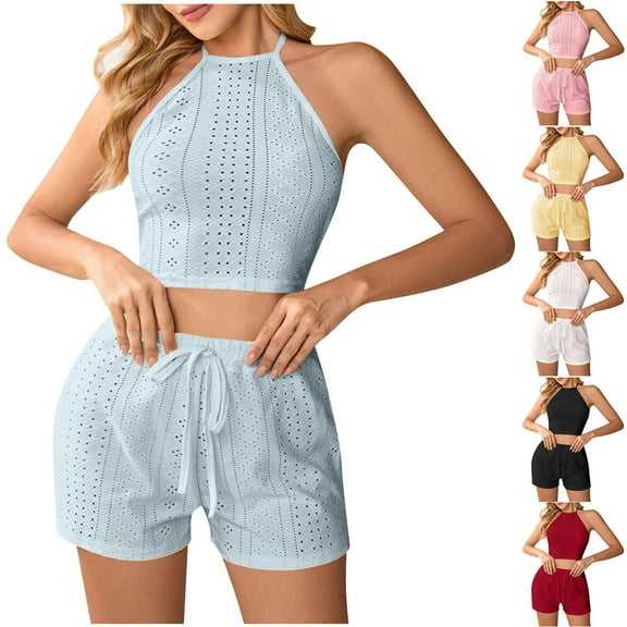 Hrsba Ribbed Fitted Tank Pajama Set for Women Solid Color Stretch Crew Neck Top and Shorts Summer Soft Breathable Ladies Sleepwear Set