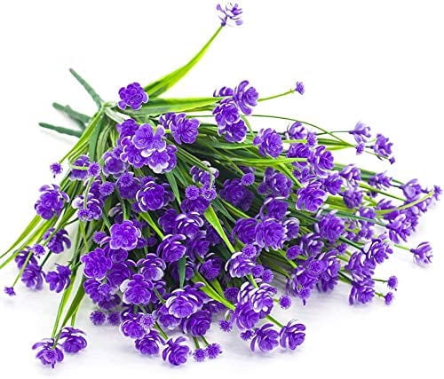 Sinhoon 16 Bundles Fake Artificial Flowers Outdoor for Decoration UV Resistant No Fade Faux Plastic Plants Garden Porch Window Box Décor Kitchen Office Table Vase(Purple)
