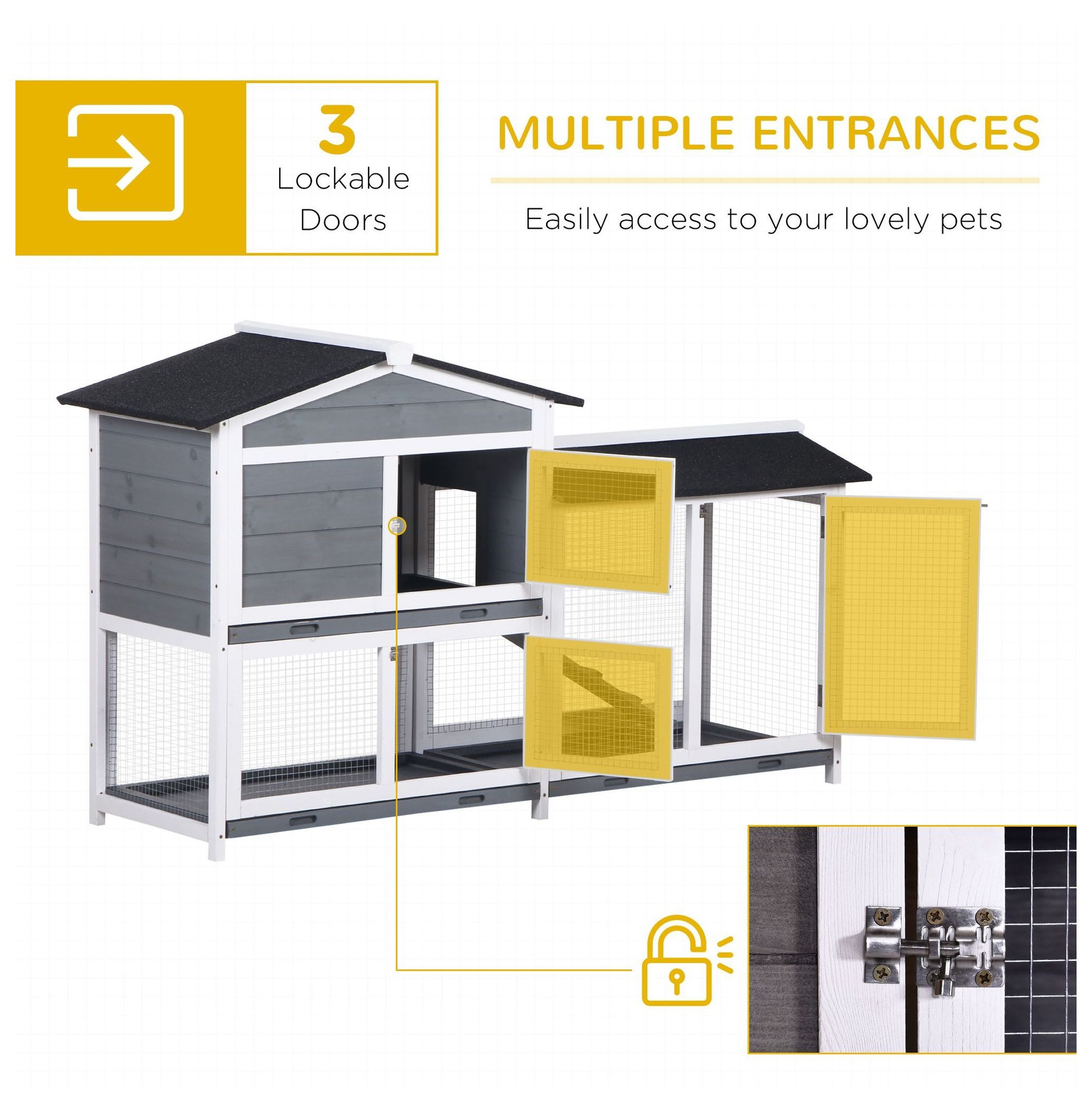 Rabbit Hutch 2-Story Wooden Bunny Cage with Ramp & Weatherproof Roof - Outdoor Small Animal House for 2-4 Rabbits - Gray