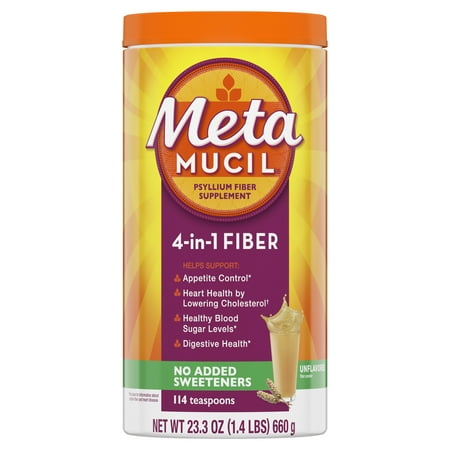 Metamucil Fiber, 4-in-1 Psyllium Fiber Supplement Powder, No Added Sweetners, Unflavored Drink, 114