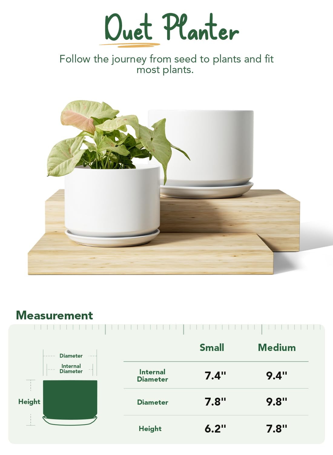 BEMAY Set of 2 Ceramic Plant Pots, 8" & 10" White Indoor Planters with Drainage Holes & Saucers, Flower Pots for Succulents