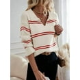 thumbnail image 3 of Women'S Casual Striped Long Sleeve V Neck Lightweights Pullover Sweater Loose Fit Drop Shoulder Knitted Shirt Tops Red S, 3 of 8