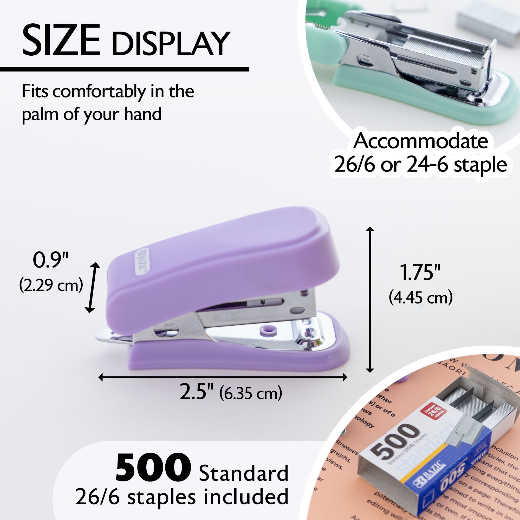 BAZIC Mini Stapler w/ 500 Staples, Standard (26/6) Pastel Color, Built-in Staple Remover, 24-Pack