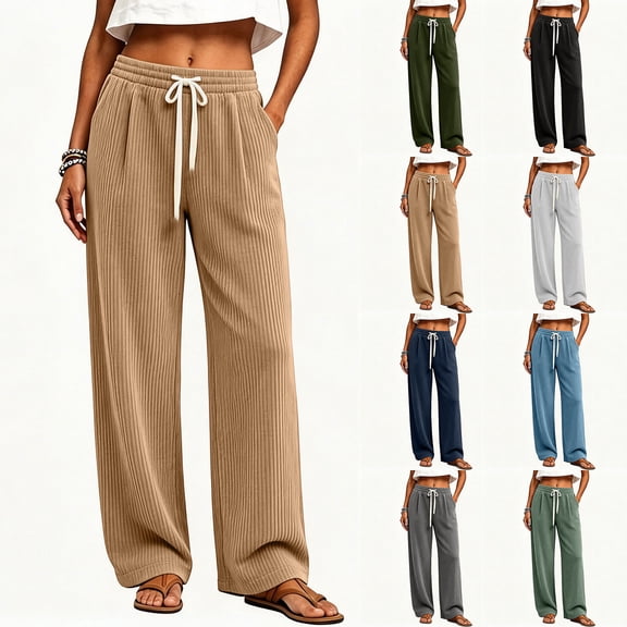 Women's Corduroy Wide Leg Pants with Pockets, Elastic Drawstring High Waist, Casual Loose Trousers, Pockets for Women, Lounge Pants, Business Casual Pants | UKHCCC,Army Green L