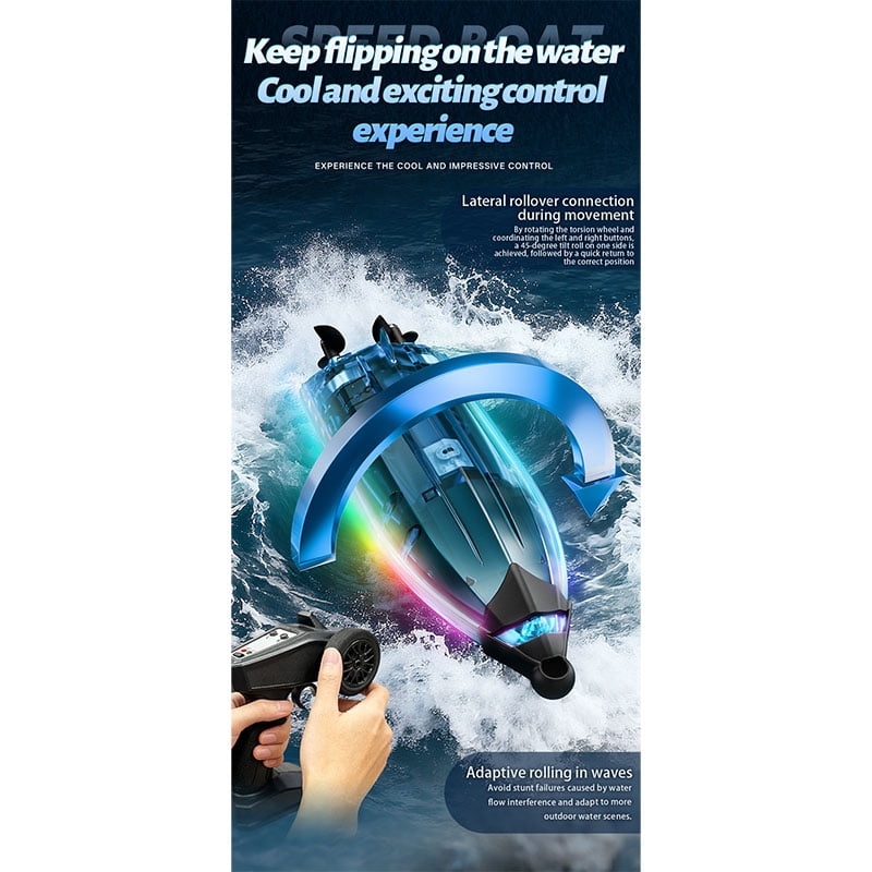 Mini High-Speed RC Boat Model with Multicolor Lights, Dual-Motor Impact-Resistant RC Ship, Gift for Enthusiast (Transparent Blue)