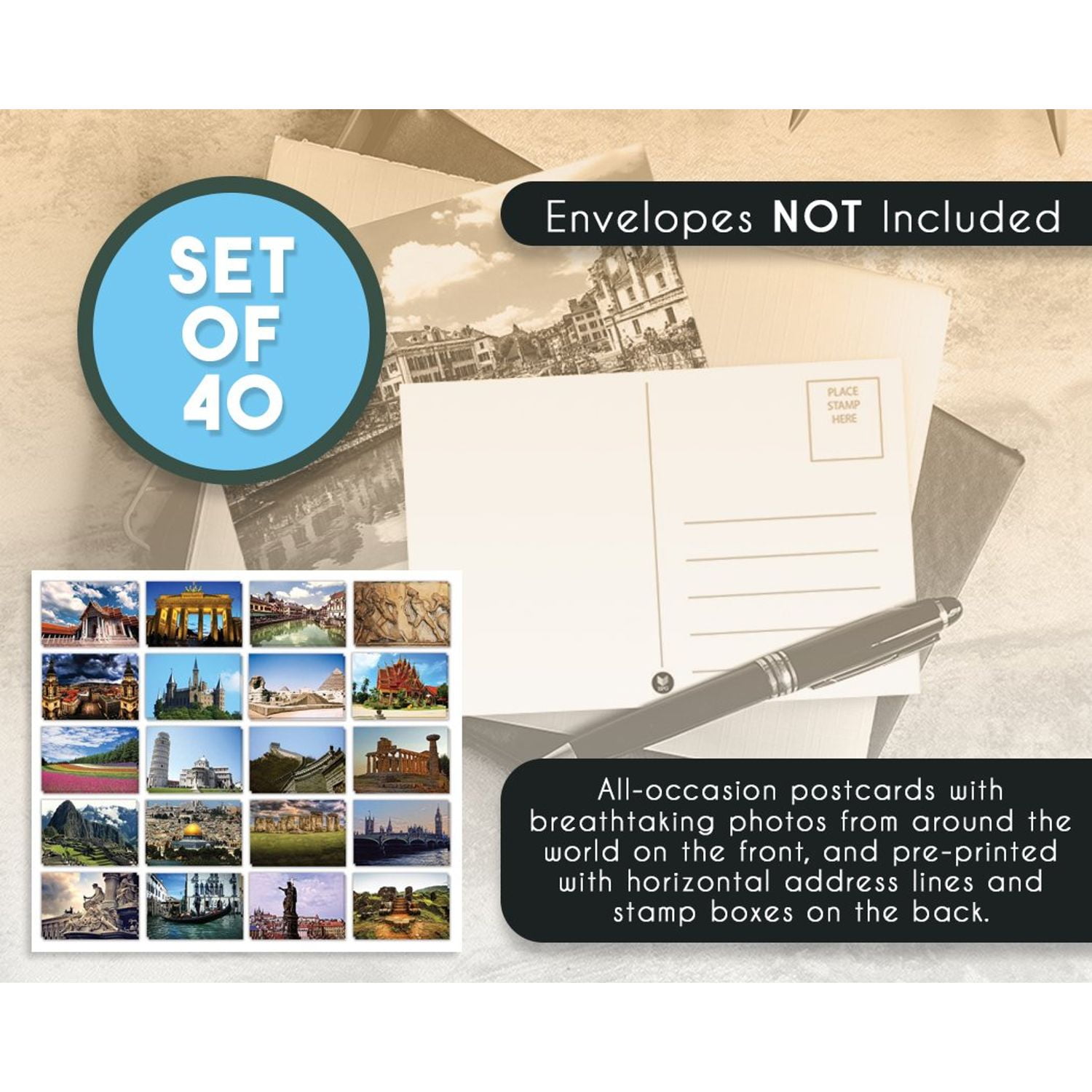 40-Pack Around The World Postcards Travel Postcards 20 Different Designs 4 x 6 Inches Assorted Postcards Bulk