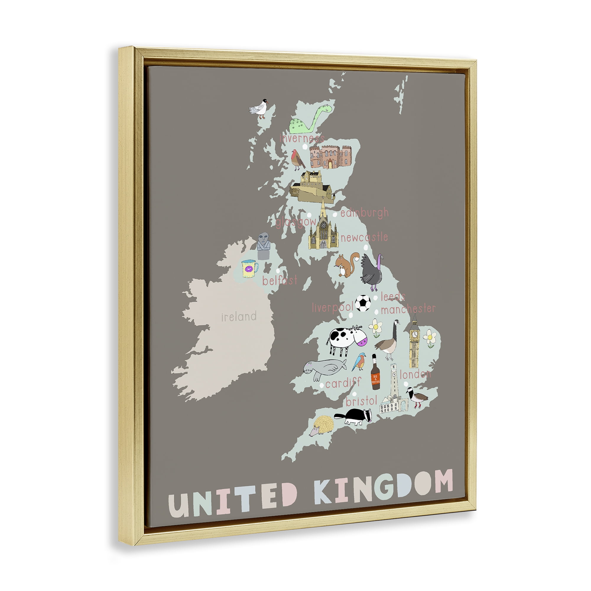 Kid's Map of United Kingdom Gold Framed Floater Canvas Wall Art, design by Carla Daly