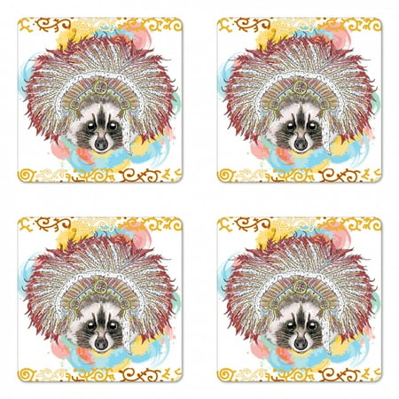 

Tribal Coaster Set of 4 Raccoon in Primitive Feathers Boho Hippie Wild Print Square Hardboard Gloss Coasters Standard Size Multicolor by Ambesonne
