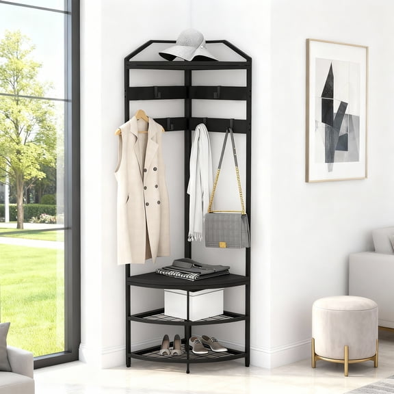 Studyset Entryway Coat Rack with Storage, Corner Hall Tree Clothing, Narrow Corner Hall Tree with Mesh Shelves, Movable Hooks & Adjustable Feets, Metal Corner Coat Rack for Entryway, Bedroom