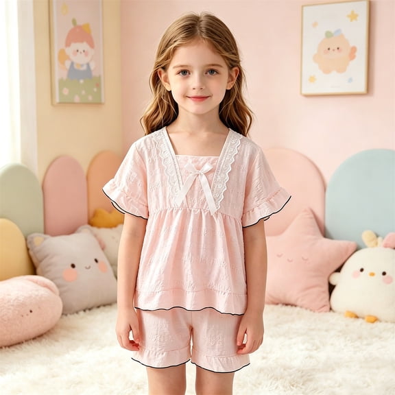Girls 2-Piece Loungewear Set Short Sleeve T-Shirt and Elastic Waist Shorts All-Day Comfortable Outfit Pink Size 11-12 Years