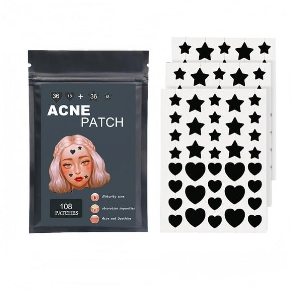 Pimple Patches Acne Patches, Hydrocolloid Zit Covers for Face and Skin, 108 Count, 2 Sizes， Star and Love Shapes