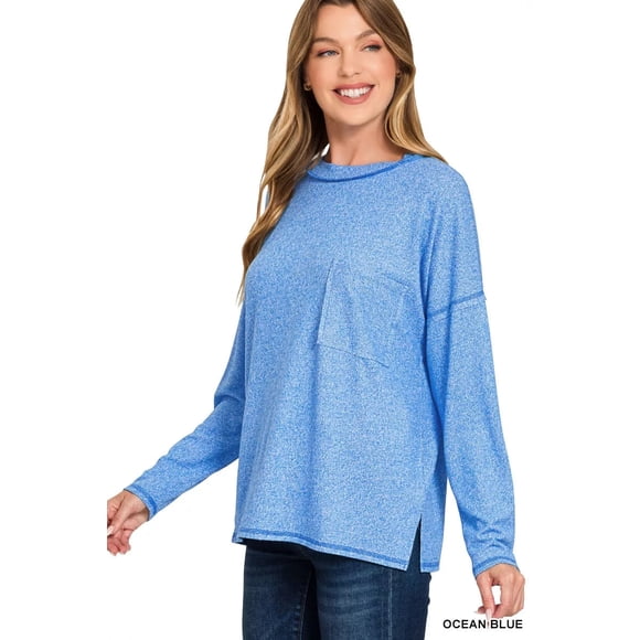 I AM A FASHION JUNKY Zenana Soft Melange Hacci Round-Neck Long Sleeve T-Shirt (OCEANBLUE, M)
