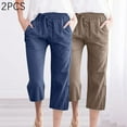 thumbnail image 4 of Timegard 2pc Capri Pants for Women Cotton Linen Elastic Waist Loose Lounge Crop Pants Pockets Solid Color, 4 of 7