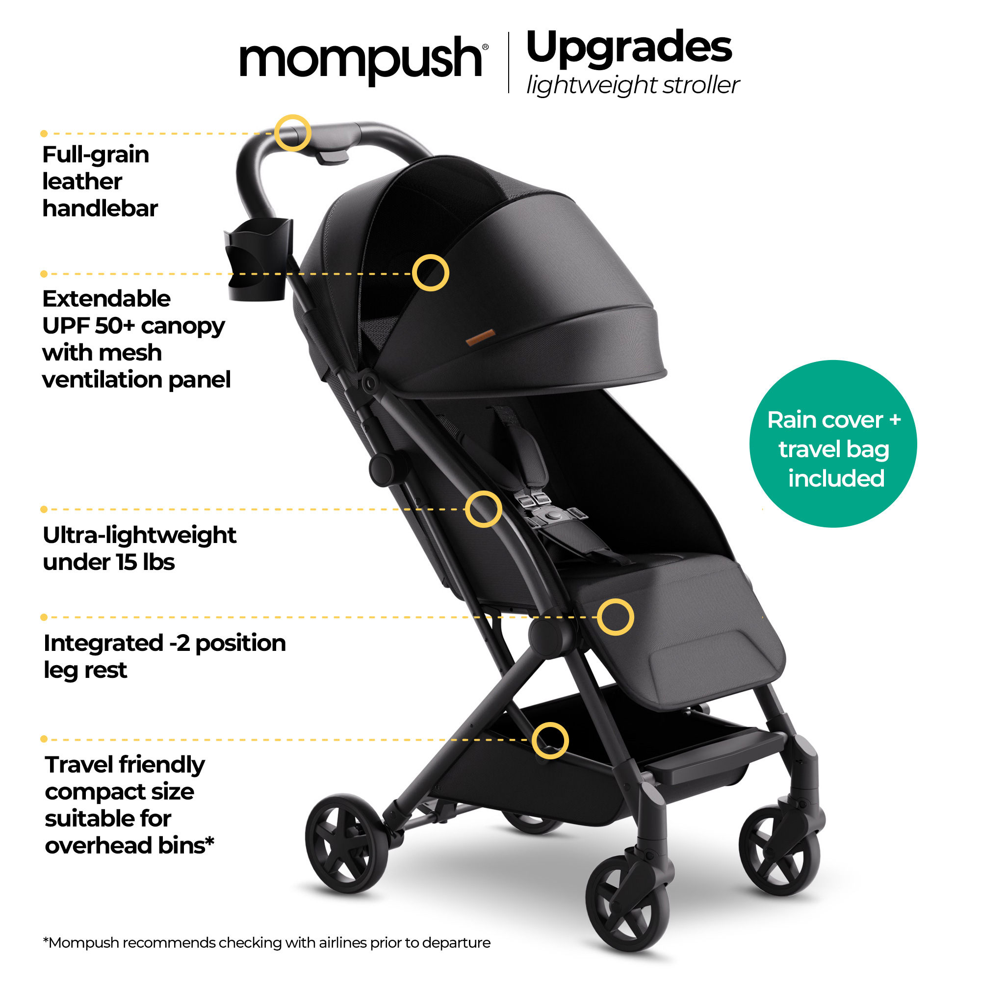 Mompush Lightweight Baby Stroller, Compact Stroller for Airplane Travel, Black, 14.2 lb, Unisex