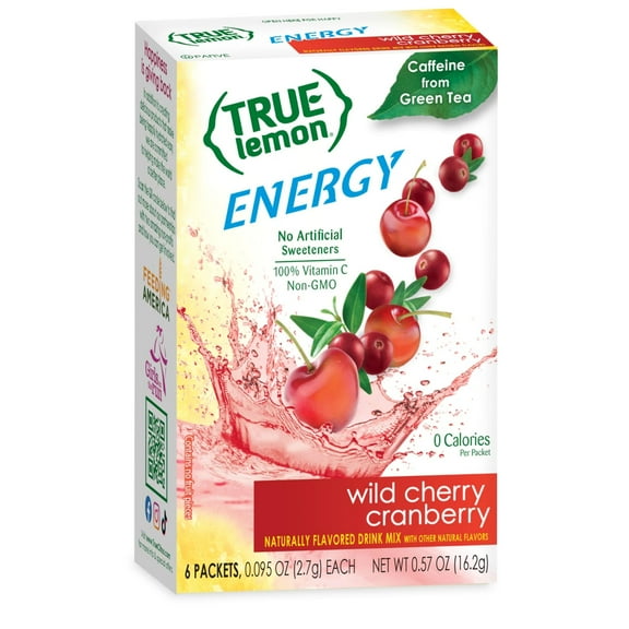 True Lemon Wild Cherry Cranberry Energy Drink Mix Powder, No Artificial Sweeteners, 6 Count