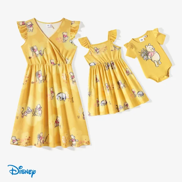 Disney Winni the Pooh Women Dresses, Graphic V-Neck Ruffled Sleeves Family Matching Outfits for Mother's Day Sizes S-XXL