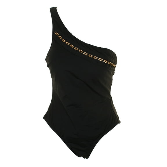 Kenneth Cole  York Black Embellished One-Shoulder Tummy Toner Swimsuit L