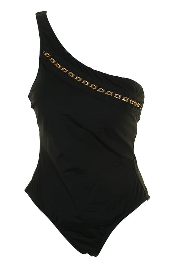 York Black Embellished One-Shoulder Tummy Toner Swimsuit L