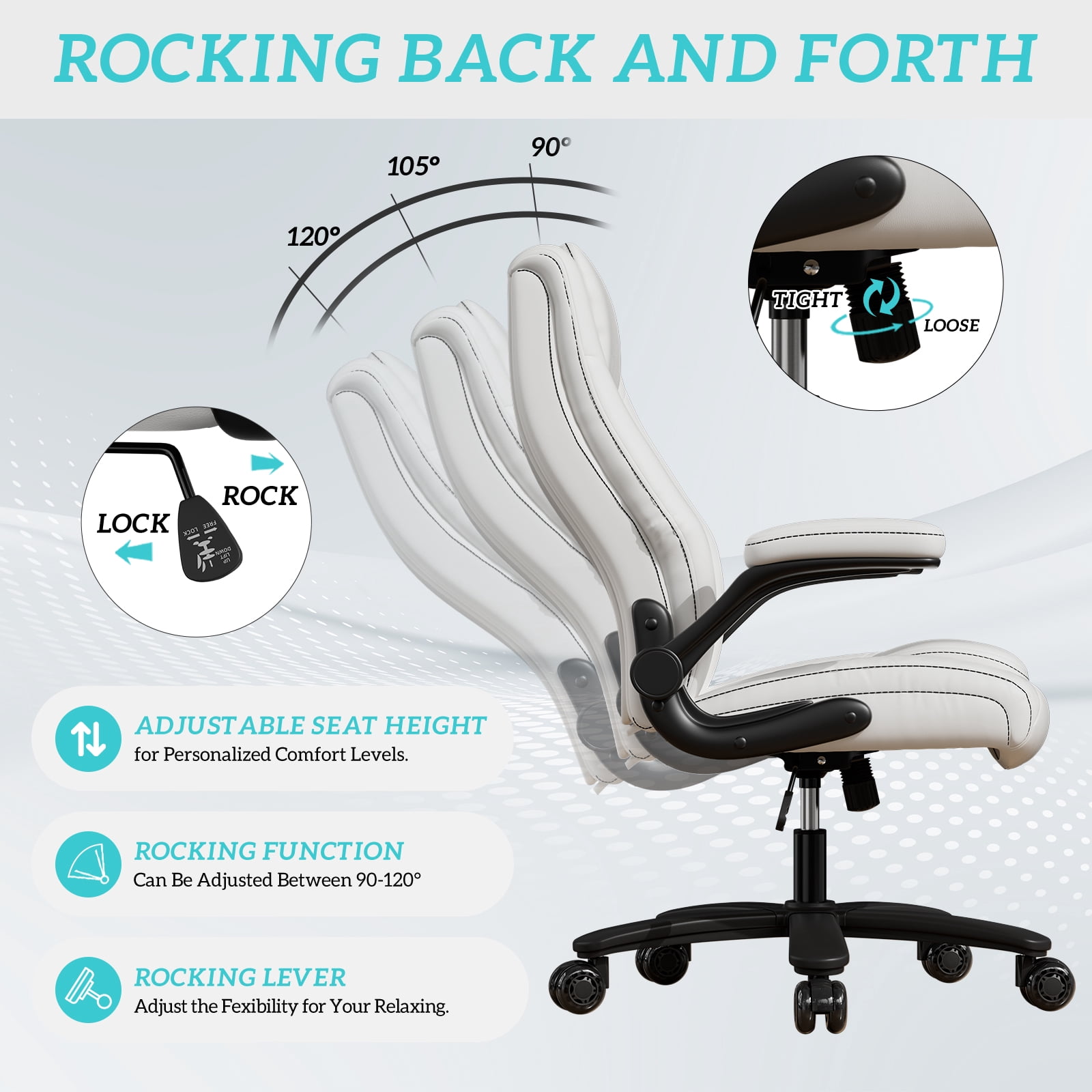 Ninecer Big and Tall Office Chair 400lbs, High Back Executive Computer Desk Chair with PU Leather, Ergonomic Swivel Chair with Adjustable Height, Rocking Function and Padded Flip-up Armrests, White