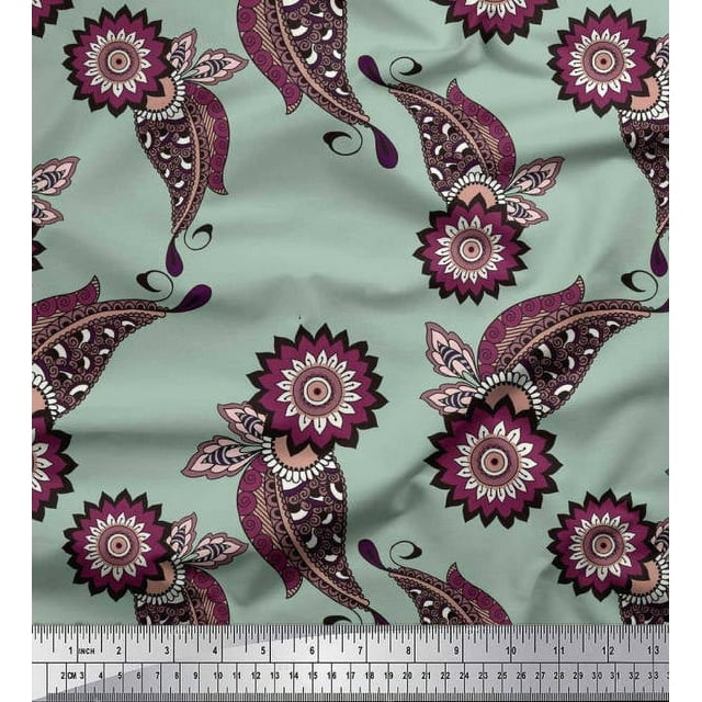 Soimoi Polyester Crepe Fabric Leaves & Floral Ethnic Printed Fabric 1 Yard 42 Inch Wide