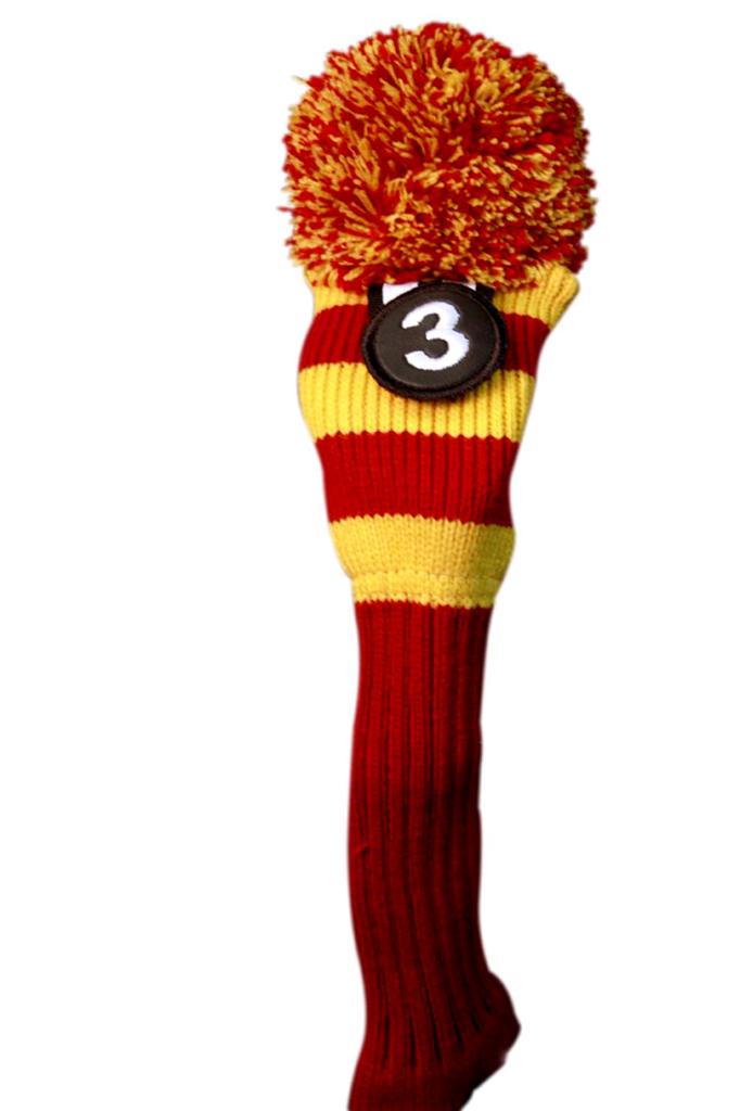 Majek #2, 3, 4 Hybrid Combo Pack Rescue Utility Red & Yellow Golf Headcover Knit Pom Pom Retro Classic Vintage Head Cover