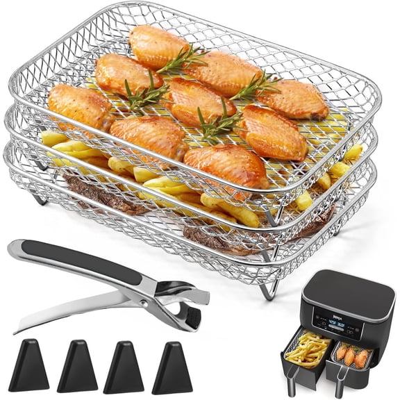 3-Piece Stainless Steel Air Fryer Rack Set with Clips, Stackable Dehydrator Grill Tray for Ninja Dual Zone Air Fryer DZ401 DZ201