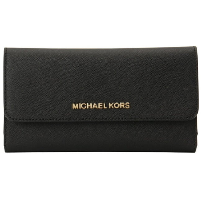 Michael Kors Womens Jet Set Travel Large Trifold Leather Wallet, Black -  