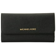Michael Kors Womens Jet Set Travel Large Trifold Leather Wallet, Black