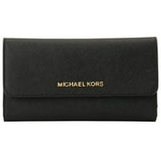 Michael Kors Womens Jet Set Travel Large Trifold Leather Wallet, Black