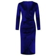thumbnail image 5 of Women's V Neck Wrap Velvet Long Sleeve Bodycon Ruched Dress (Blue L), 5 of 8