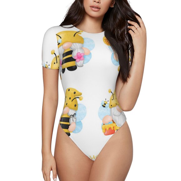 KLL Gnomes Honey Bee for Women's Short Sleeve Bodysuit,Sexy Bodysuits One Piece Round Neck Bodysuit Shapewear Tummy Control-Small