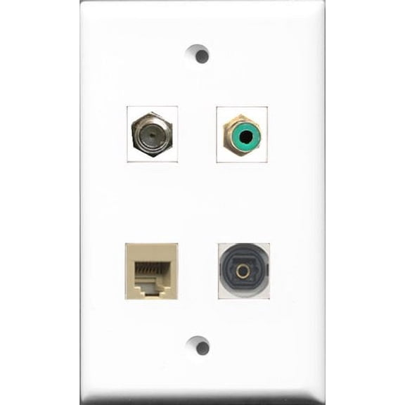 RiteAV 1 Port RCA Green and 1 Port Coax Cable TV- F-Type and 1 Port Phone RJ11 RJ12 Beige and 1 Port Toslink Wall Plate