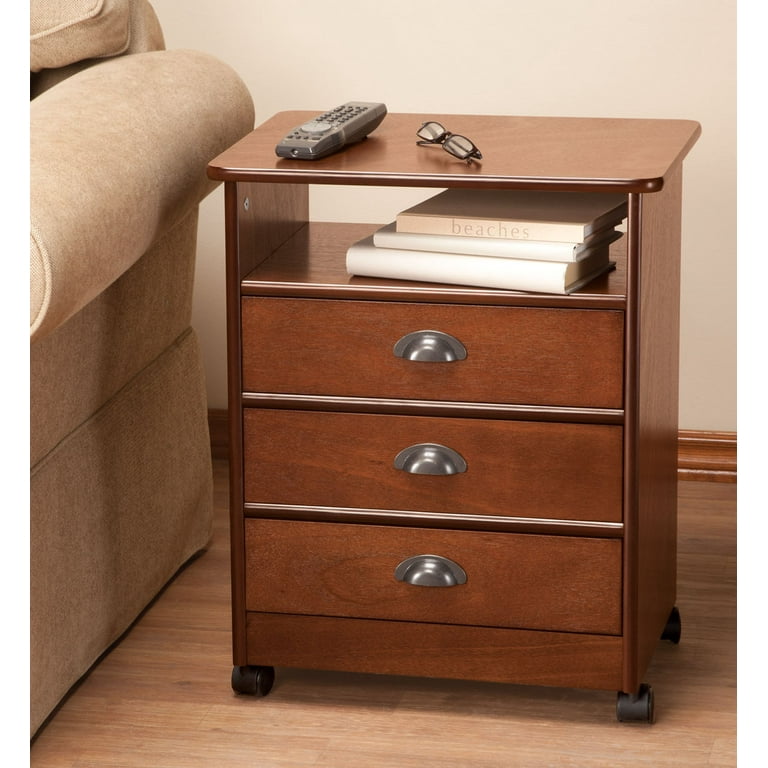 Three Drawer Multipurpose Rolling End Table for Bedroom and Living Rooms by OakRidge