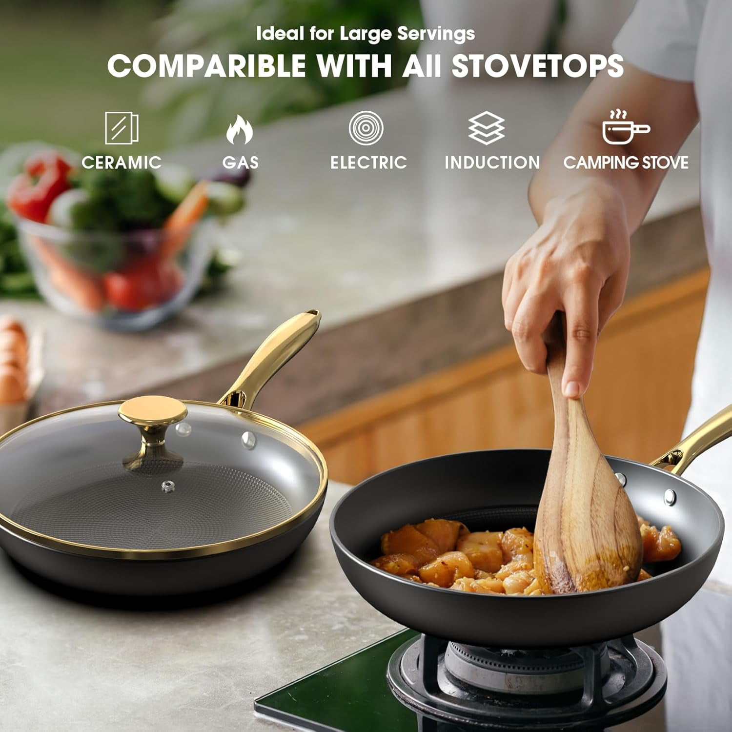 Non Stick Frying Pans Set 10 & 12 Inch Cast Iron Skillets with Lids  Texture Oven Safe Induction