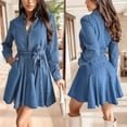 thumbnail image 2 of OSOLU Dresses Solid Color Women Classic Blue V Collar Long Sleeve Denim Dress Retro Buttons Pockets Dress Relaxed Fit Sundress Wedding Guest Dress, 2 of 9